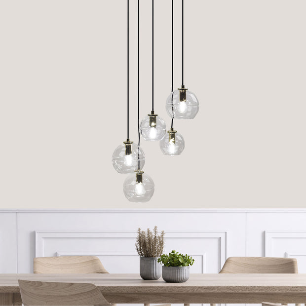 Reno.5 5 Light Pendant Clear Glass, with Black Fitting