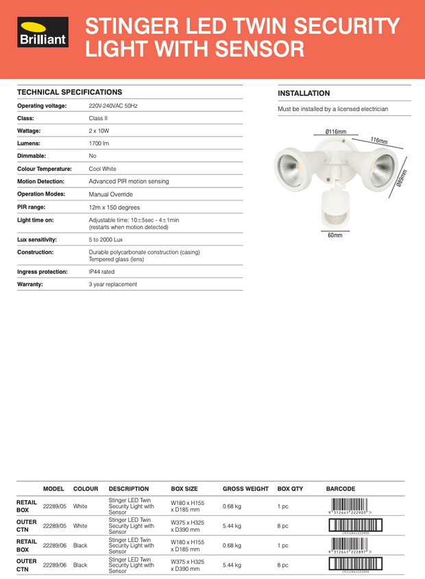 Stinger 2x10w LED Twin Security Sensor Light - White