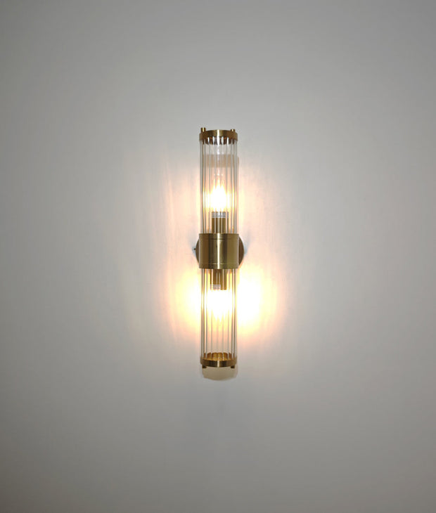 Tiempo Up/Down Wall Light Tubular Ribbed Glass with Antique Brass