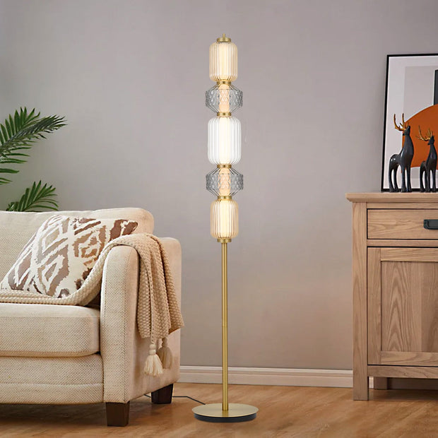 Torso Brass Floor Lamp Amber Smoked Glass 25w Built In Warm White LED