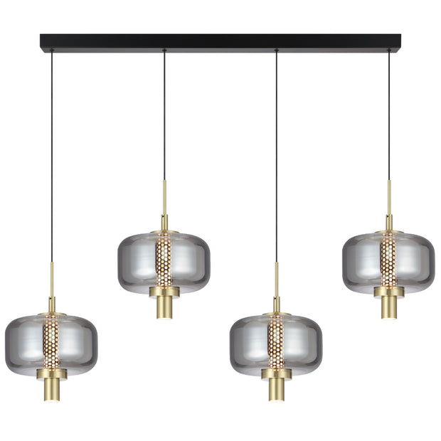 VOLEN 4x8w LED 3000K Black and Gold with Smoke Glass Linear Pendant