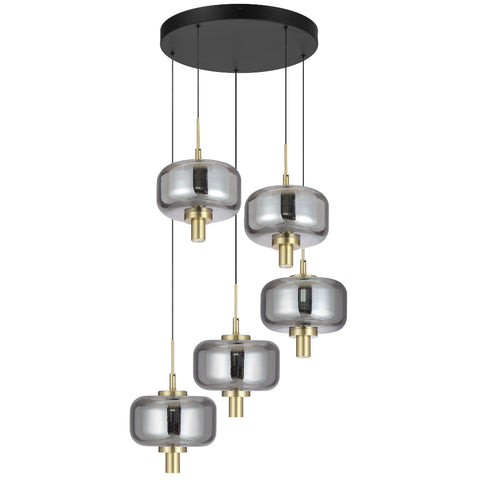 VOLEN 5x8w LED 3000K Black and Gold with Smoke Glass Pendant