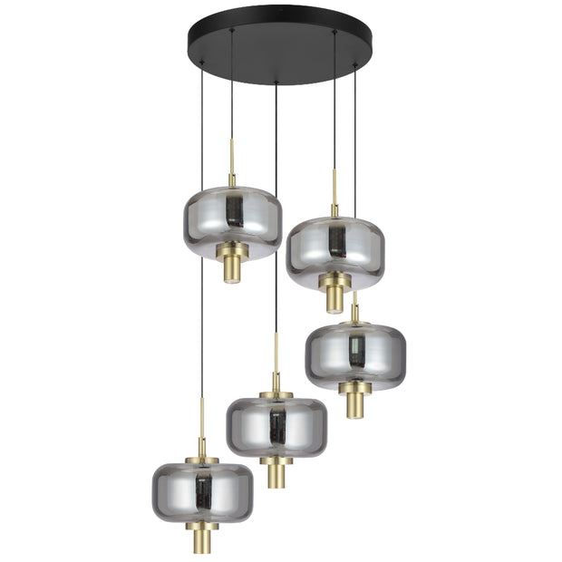VOLEN 5x8w LED 3000K Black and Gold with Smoke Glass Pendant