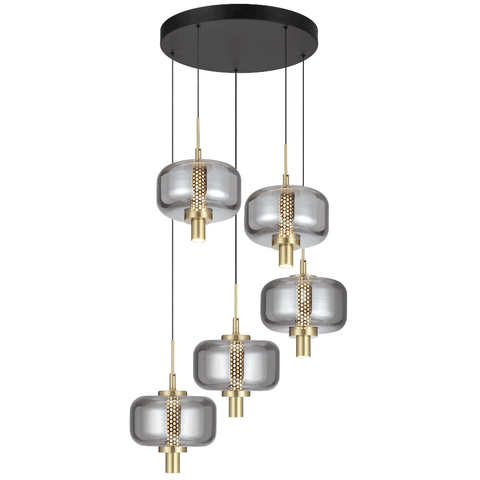 VOLEN 5x8w LED 3000K Black and Gold with Smoke Glass Pendant