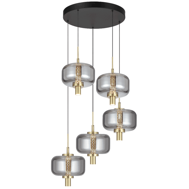 VOLEN 5x8w LED 3000K Black and Gold with Smoke Glass Pendant