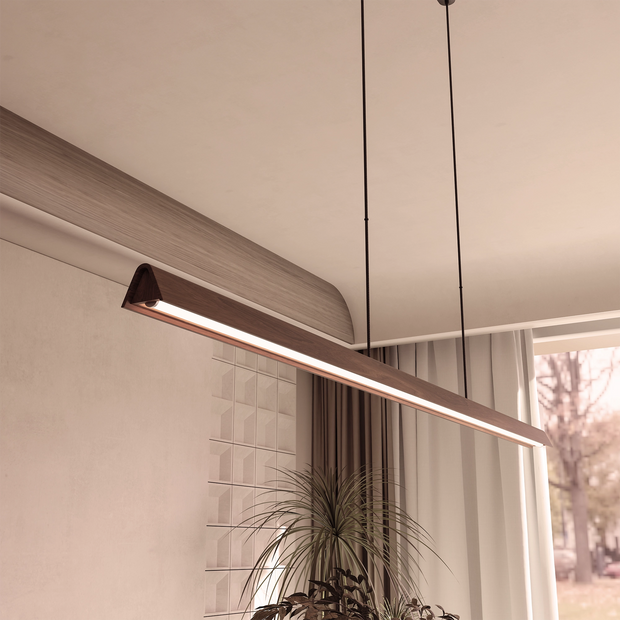 Avocent 32w LED CCT 2000mm Walnut/ Black Natural Timber Linear Pendant