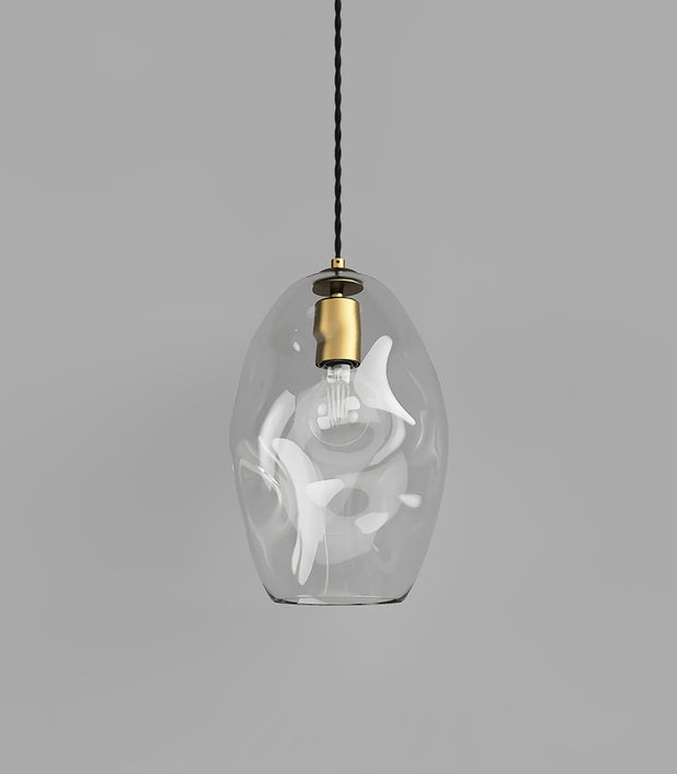 Organic Pendant Light Old Brass with Large Clear Mouth-Blown Glass