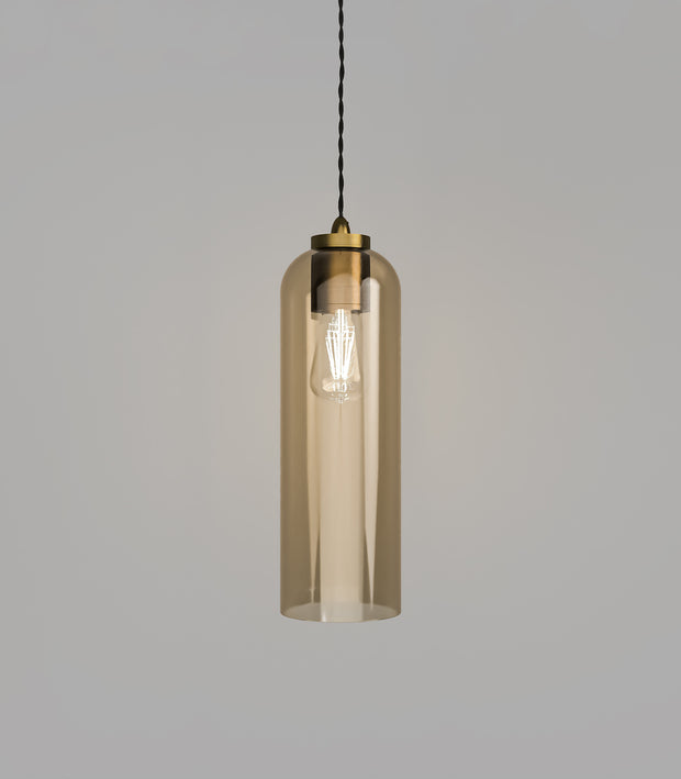 Parlour Elong Pendant Light Old Brass with Amber Glass Shade