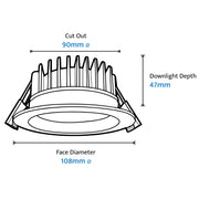Lory 13w LED CCT Aluminium Recessed Face 90mm Dimmable White Downlight