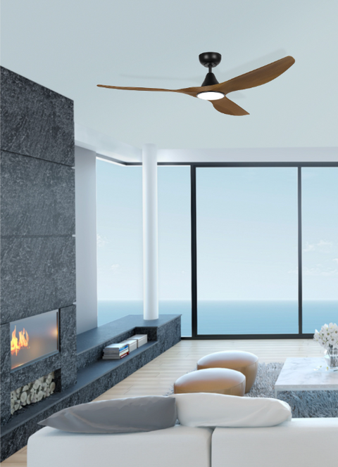 Surf 60 Inch DC Black Ceiling Fan with Teak Blades with 20w LED Tri Colour