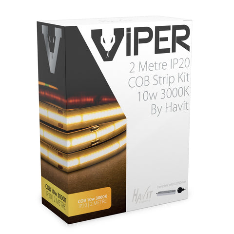 Viper 10w per metre 2m COB 3000K Warm White LED Strip Kit - IP20 complete with plug