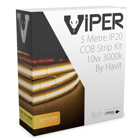 Viper 10w per metre 5m 3000K Warm White COB LED Strip Kit - IP20 complete with plug