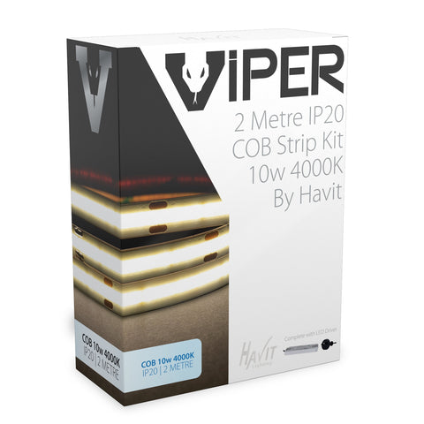 Viper 10w per metre 2m COB 4000K Cool White LED Strip Kit - IP20 complete with plug