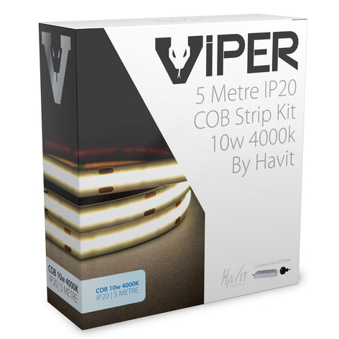 Viper 10w per metre 5m COB 4000K Cool White LED Strip Kit - IP20 complete with plug