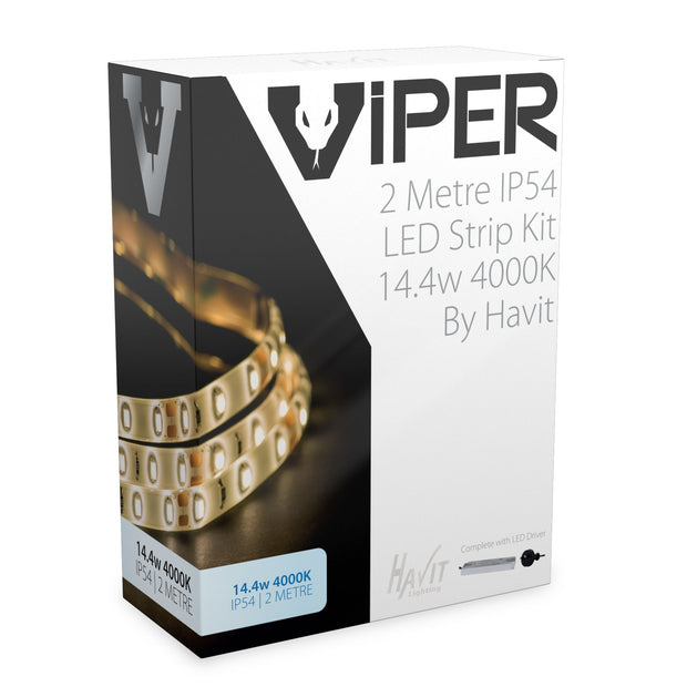 Viper 14.4w per metre 2m 4000K Cool White LED Strip Kit - IP54 complete with plug