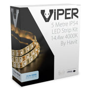Viper 14.4w per metre 5m 4000K Cool White LED Strip Kit - IP54 complete with plug