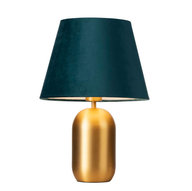 Misty Satin Gold Table Lamp with D28cm Shade in Forest Blue Velvet